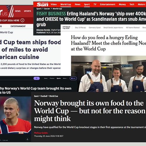 The seafood that the Norwegian national football team has brought with them to the US this summer has gained media interest, here's some of the headlines from The Mirror US, The Sun US, The New York Times, Yahoo Sports, The Independent. 