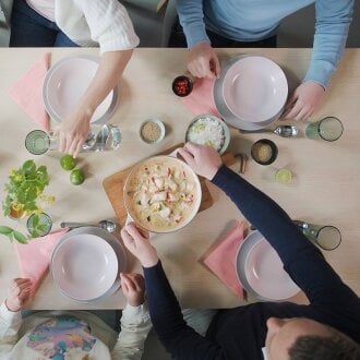 Around the table, eating