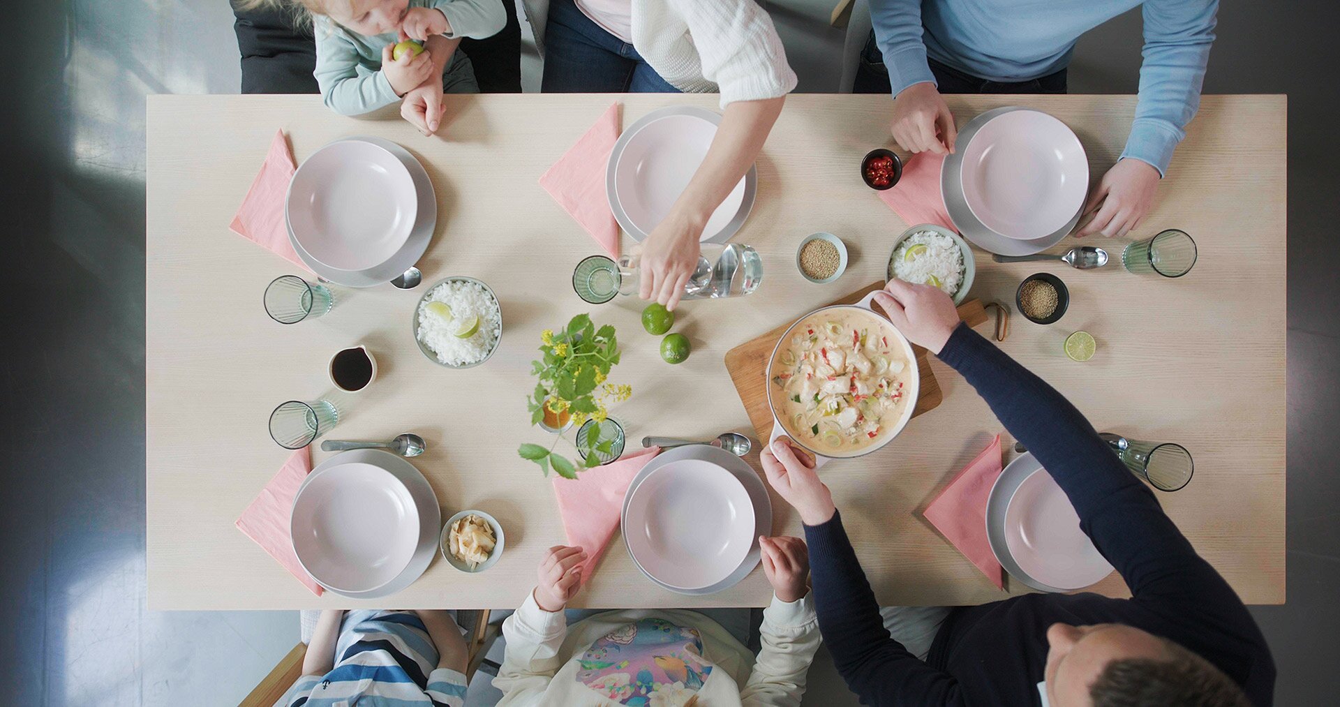 Around the table, eating