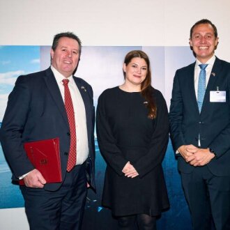 NSC Summit L2R UK Minister for Food, Farming and Fisheries, Rt Hon Mark Spencer_Norwegian Minister for Fisheries and Ocean Policy Cecilie Myrseth_NSC CEO Christian Chramer